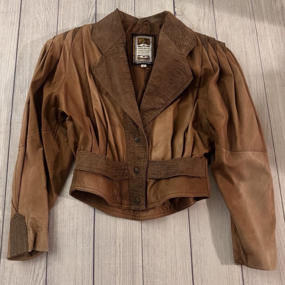 Vintage G-III Global Identity Women's Brown Leather Jacket Size S Ruched Y2K